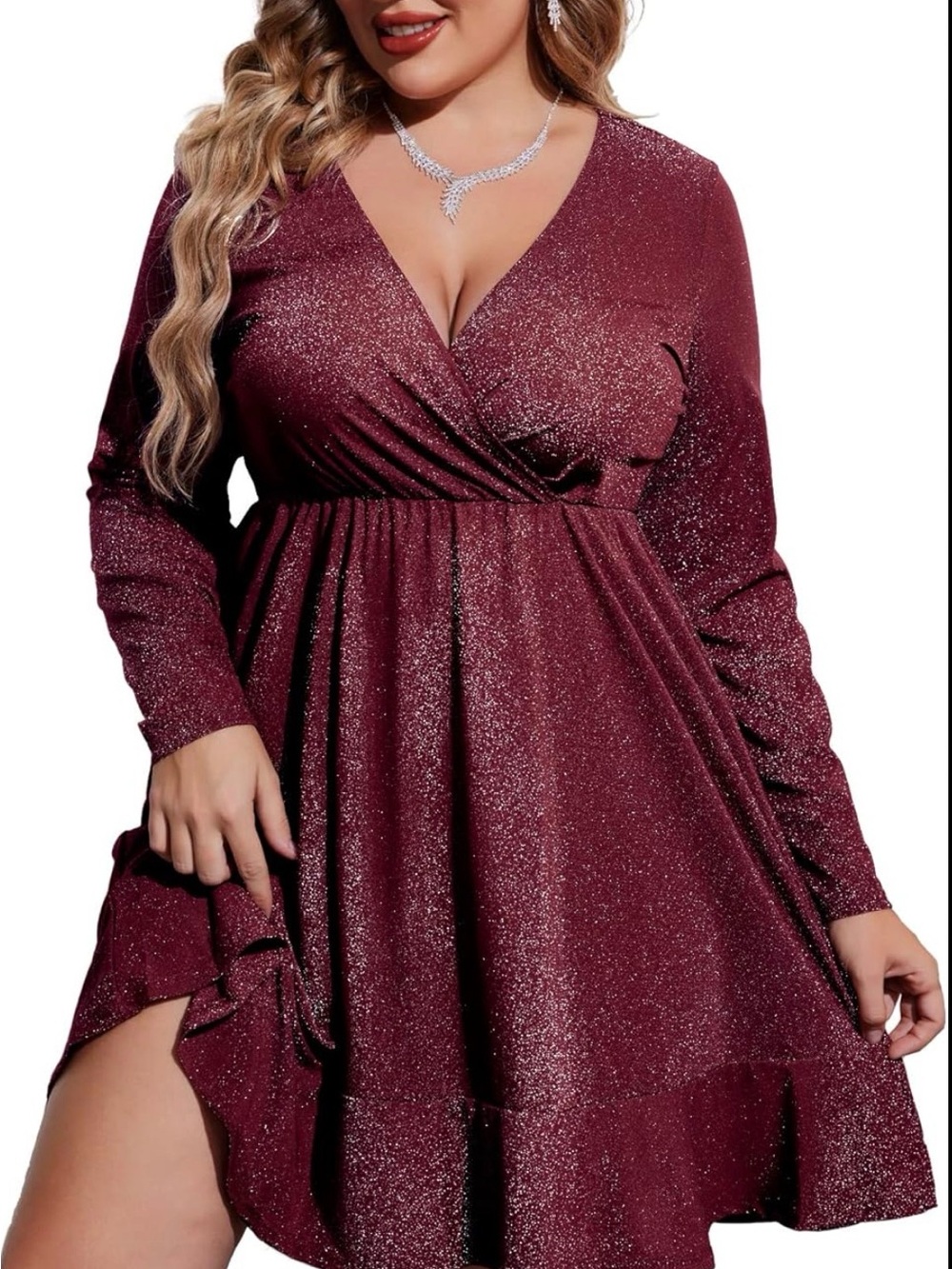 In’Voland Plus Size Burgundy  V-neck Long Sleeve Glitter Dress Size 18W At Knee